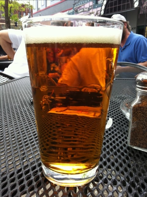 Enjoying a pint of Town Hall Brewery Maibock on their patio.