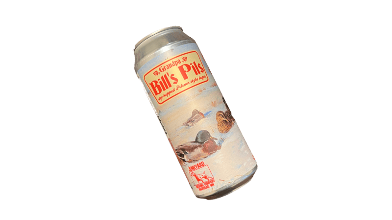 A can of Junkyard Brewing Grandpa Bill's Pils Dry-Hopped Pilsner Style Lager.