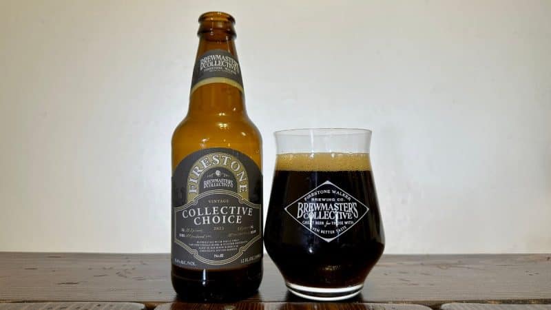 Bottle of Firestone Walker Brewing Collective Choice No. 02 next to a dark glass of beer.