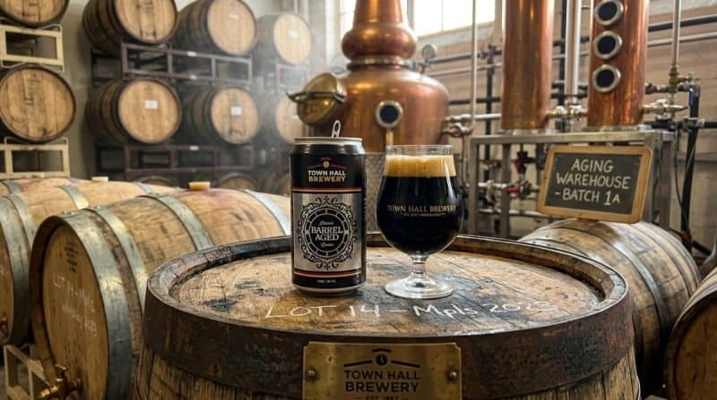 Glass and crowler of Town Hall Brewery Tennessee Dessert sitting on a bourbon barrel in a distillery.