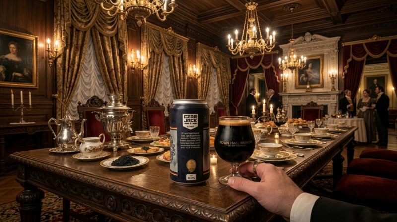 Hand holding a Czar Jack Barrel-Aged Imperial Stout beer in an elegant, historic dining room setting.