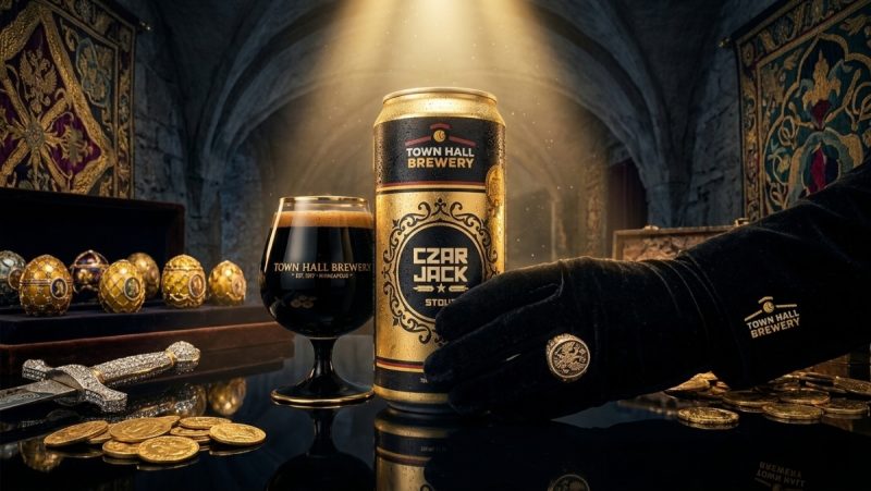 Growler and glass of Town Hall Brewery Czar Jack in a Russian treasure chamber.