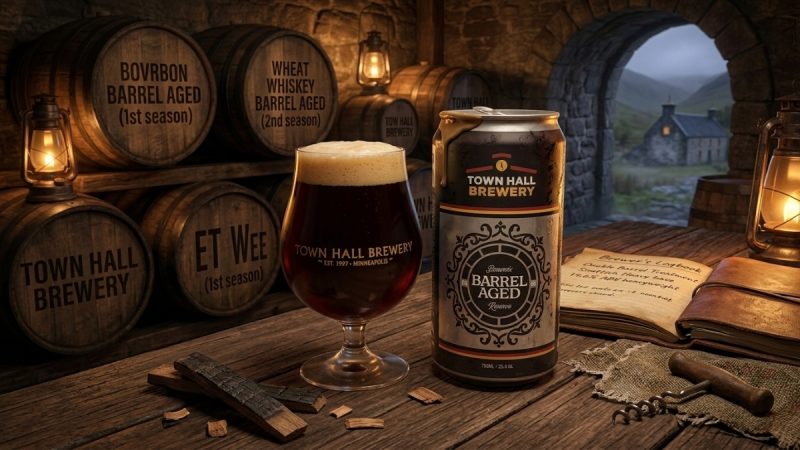 Snifter and crowler of Town Hall Brewery Double E.T. Wee sitting in a barrel room.