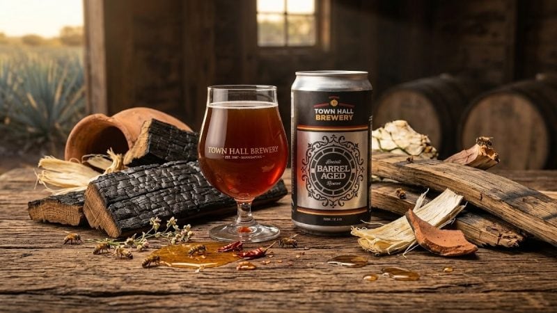 Crowler and glass of Town Hall Brewery Double Oaked Bee Sting with ingredients of agave, charred oak, barrels, and agave plants.