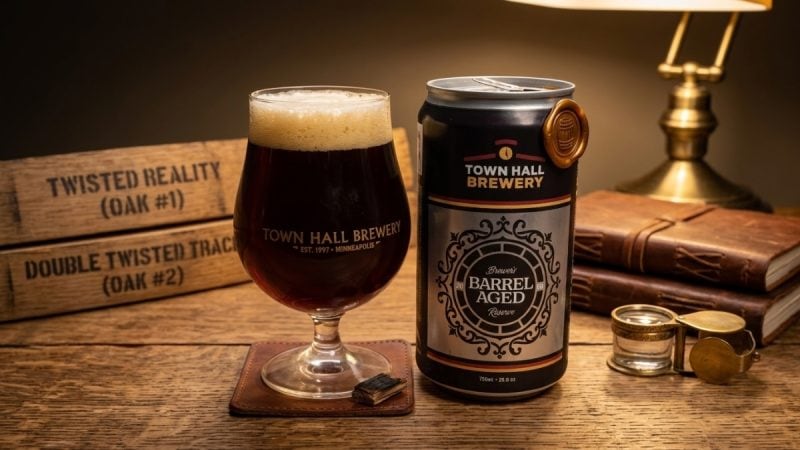 Glass and crowler of Town Hall Brewery Double Twisted Trace sitting on a wood desk.