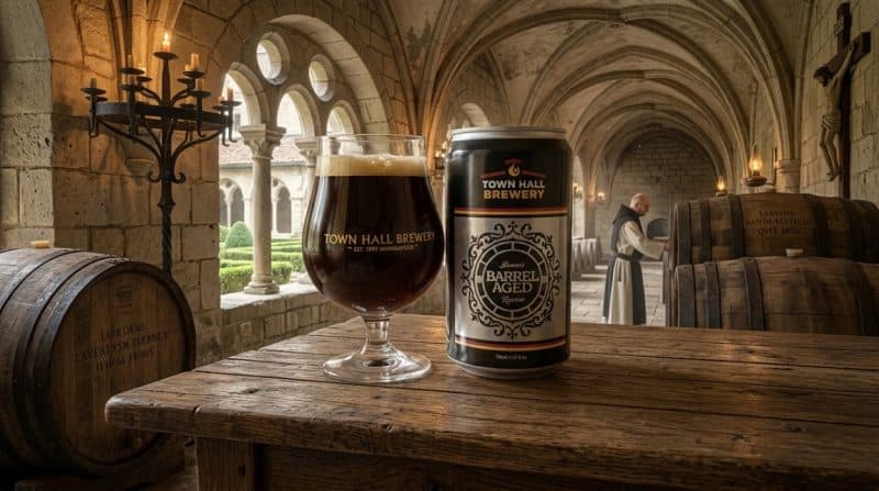 Glass and crowler of Town Hall Brewery Foolish Angel sitting in an abbey.