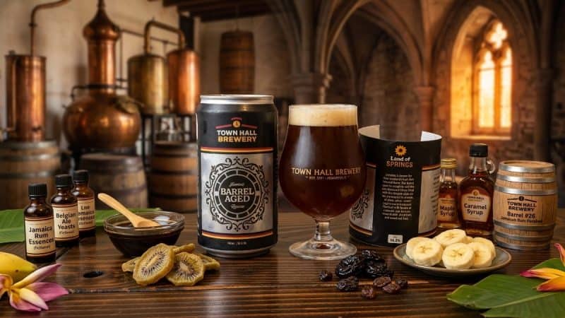 Glass and crowler of Town Hall Brewery Land Of Springs in a brewery with all the ingredients needed to brew it.