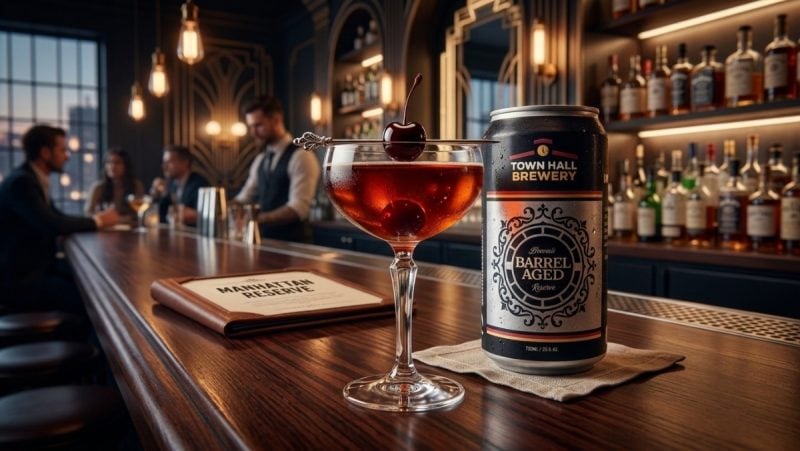 Crowler and glass of Town Hall Brewery Manhattan Reserve sitting on a New York bar top.