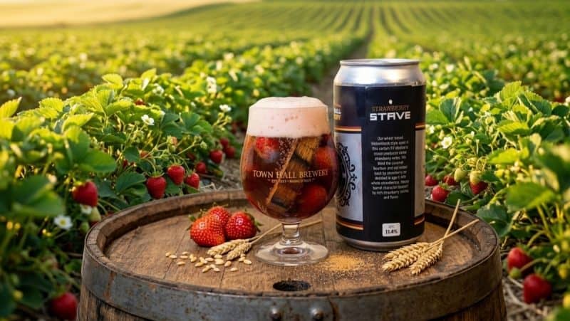 A glass and crowler of Town Hall Brewery Strawberry Stave sitting in a strawberry field.